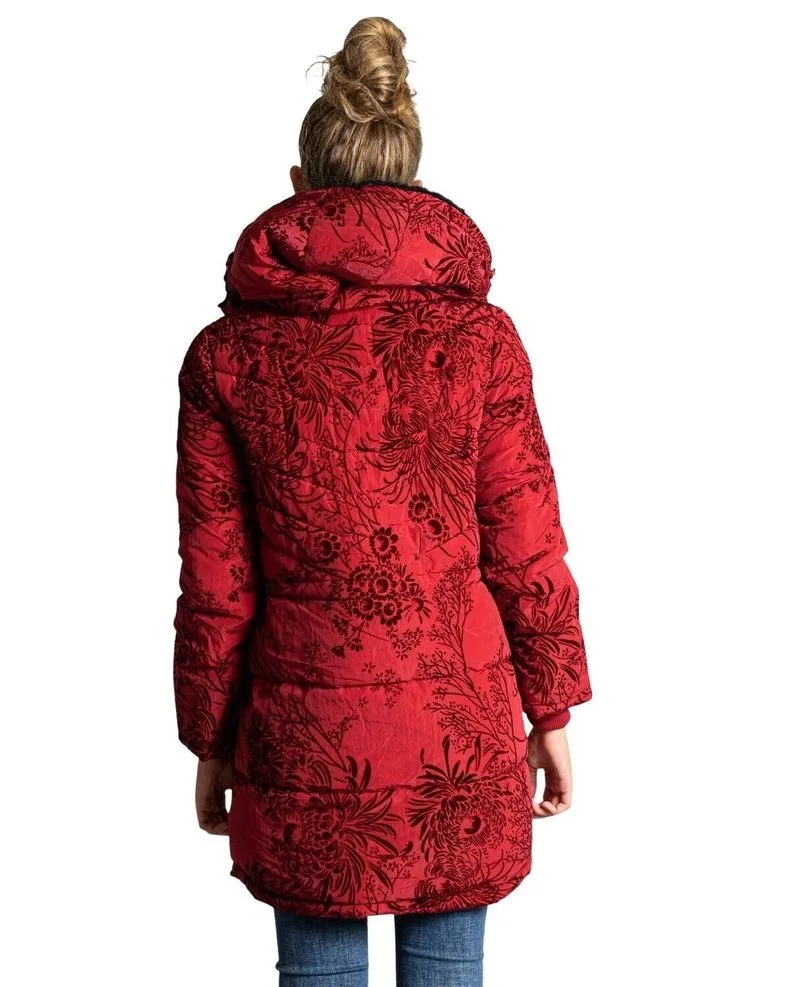 Foreign Trade Spain D Women's Cotton Jacket Red Gold Velvet Splicing Dark Flower Embroidery Hoodie Thickened Medium Length