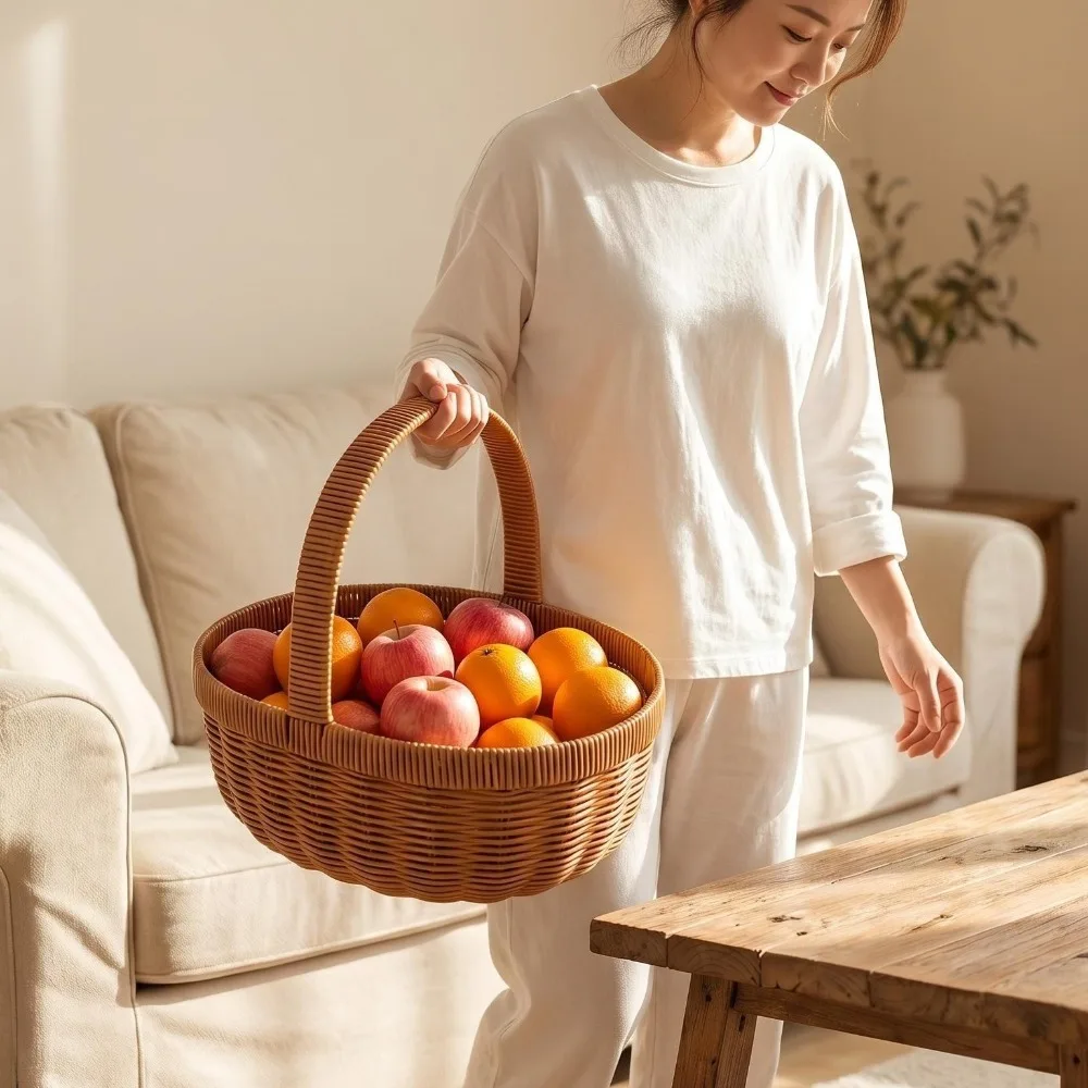 

Large Capacity Imitation Rattan Basket Handwoven with Handle Storage Basket Rustic Round Handmade Basket Home Organization