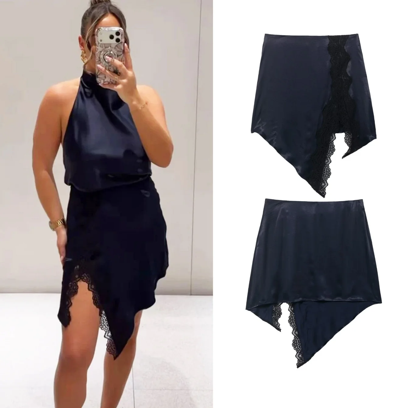 

Женская однотонная кружевная асимметричная юбка Женская мода Короткие юбки на молнии сбоку Леди Летние шикарные элегантные вечерние мини-юбки с высокой талией