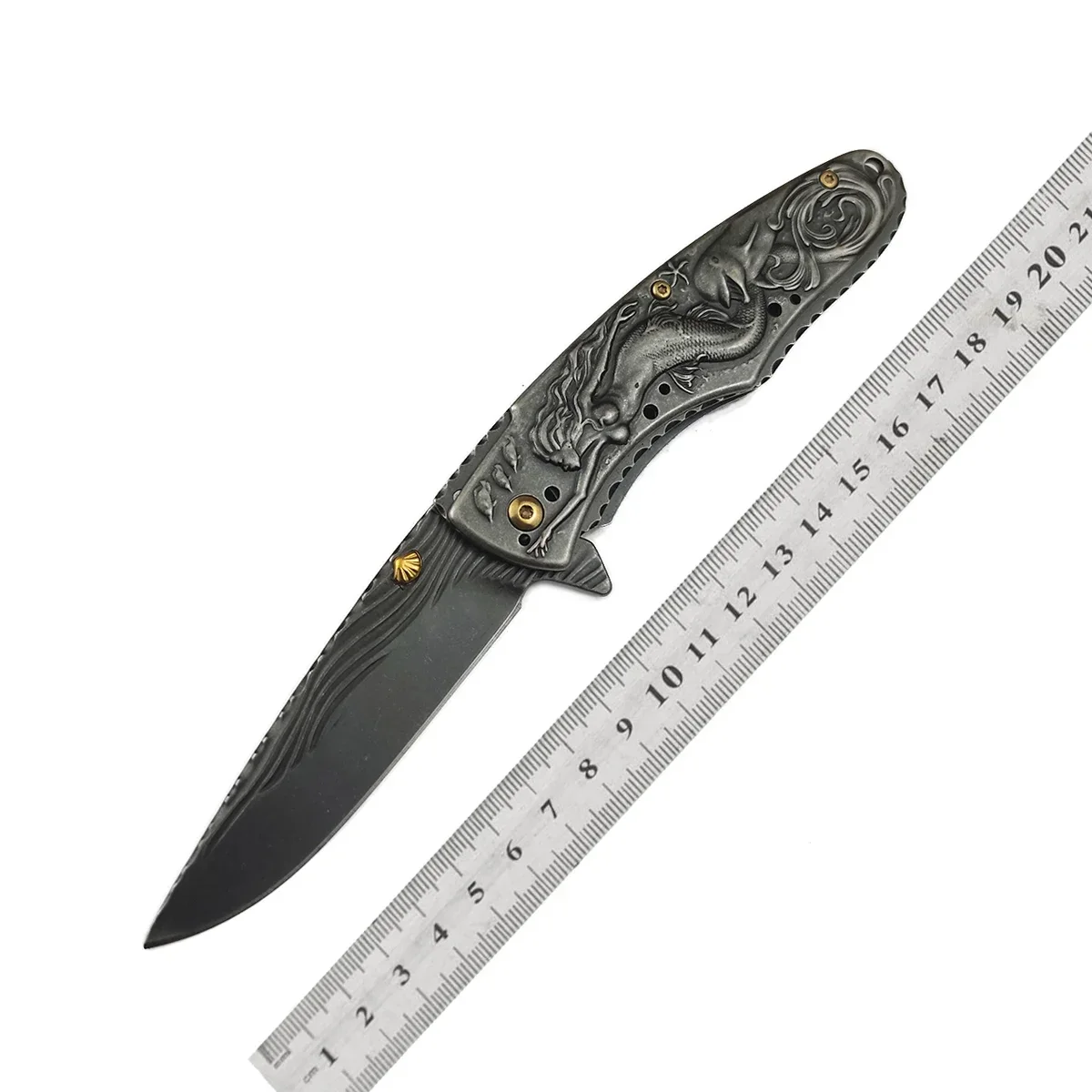 Utility Fruit Knife, Outdoor Camping Hunting Fishing Pocket Folding Knife, Mermaid Carve Handle Stone-washing Collection Gift