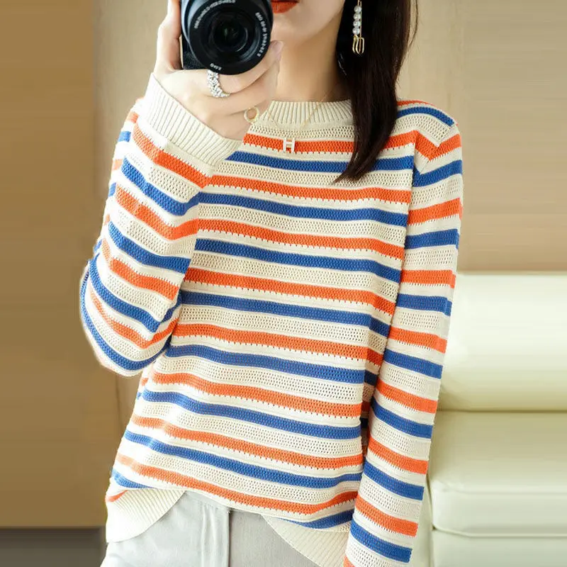 Striped Hollow Out Women\'s Spring Autumn 2024 New Patchwork O-Neck Fashion Minimalist Casual Loose Long Sleeved Knitted Tops