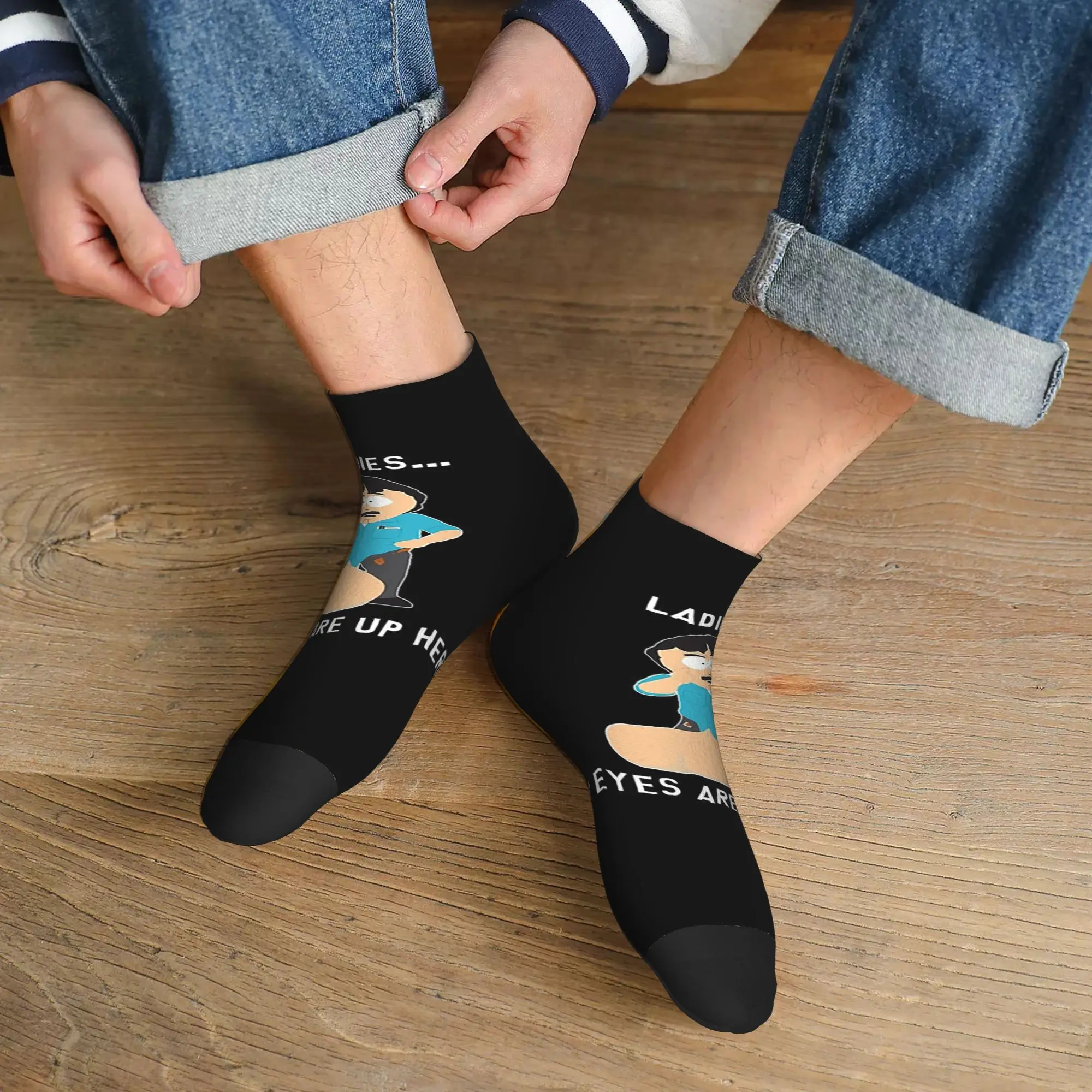 

All Seasons Randy Marsh Ladies My Eyes are up here Socks Harajuku High Quality Crew Socks Hip Hop Stockings for Men Women Gifts