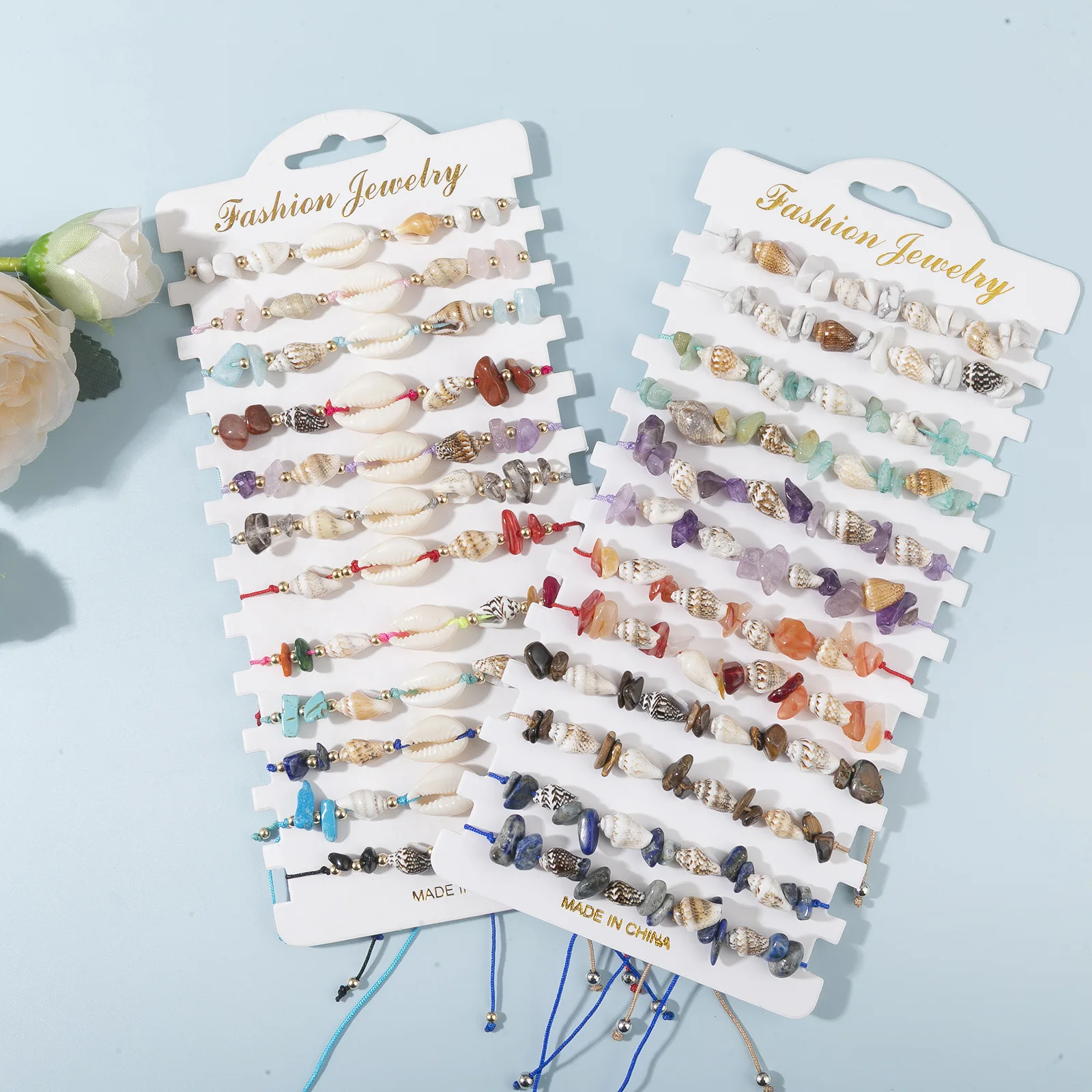 

12Pcs/Set Conch Shell Bracelet Irregular Crystal Chip Beaded Woven Adjustable Hand Rope Women Jewelry Gift