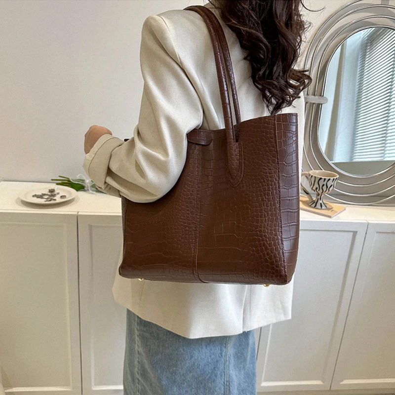 Fashion Crocodile Pattern Large Tote Bag Solid Color Women Shoulder Bags Luxury Pu Leather Lady Handbags Big Shopper Purses 2024