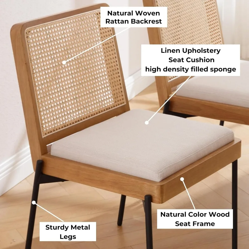 현대 등나무 식사 의자, 리넨 쿠션 주방 식사 등나무, 거실 식당 금속 다리 장식 사이드 의자