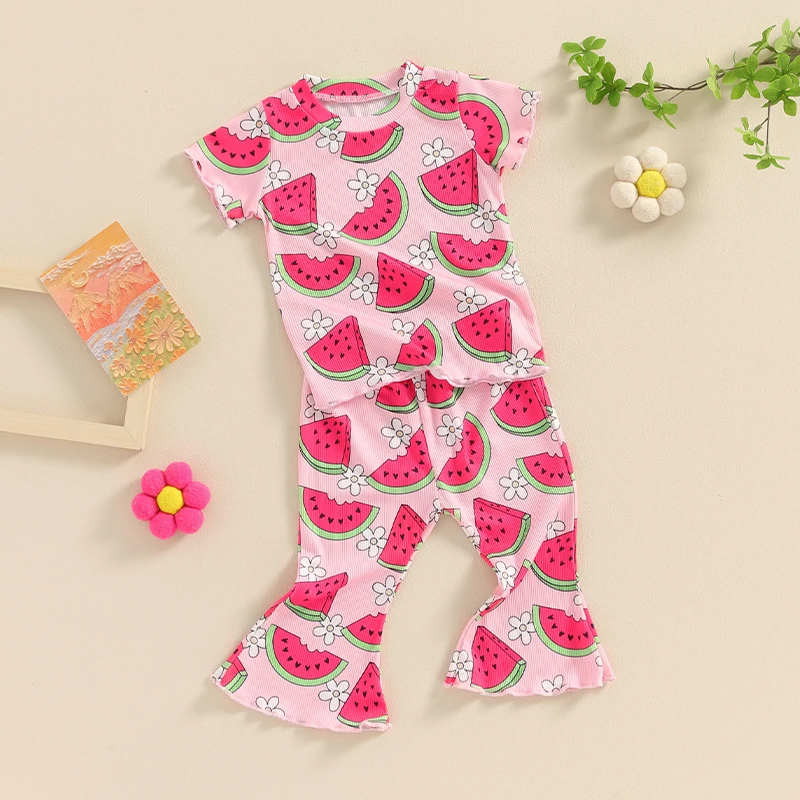 2024-03-19 Lioraitiin Kids Girl Summer Outfits Floral/Watermelon Print Short Sleeve T-Shirt and Elastic Flare Pants Cute Clothes