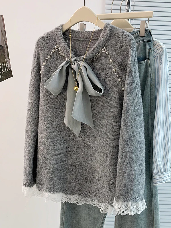 Schlankheitseffekt, schwere Verzierung, Spitze, große Schleife, Oulder-Pullover, koreanisches Sle Long Sve, rundes, gestricktes Top für Damen