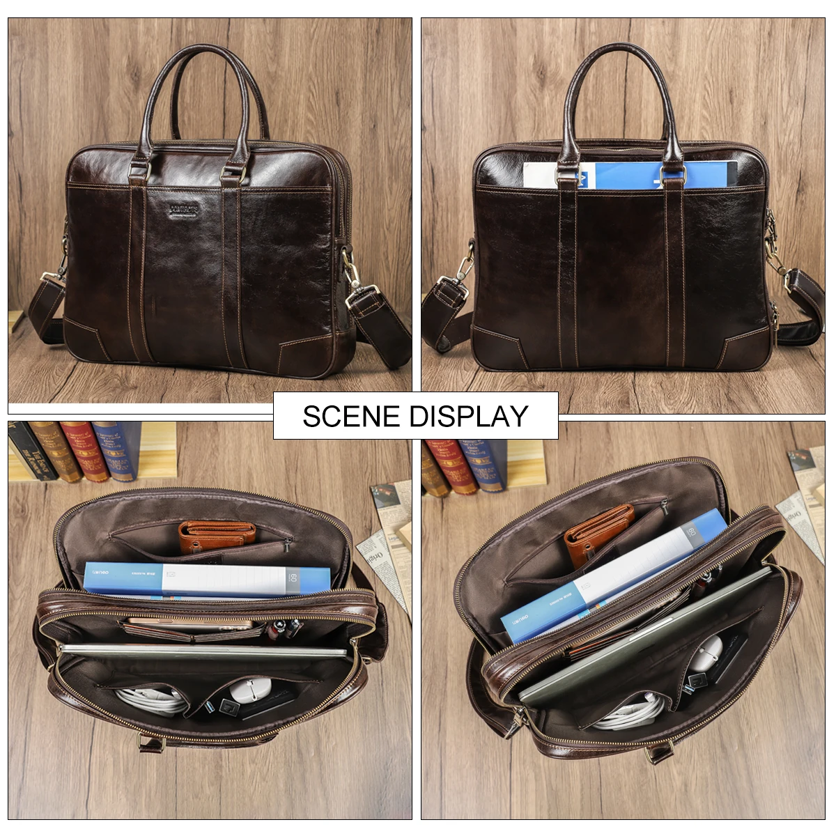 Bolsos de negocios de cuero genuino de CONTACT'S para hombre, maletín, bolso de hombro de alta calidad, bolso grande para ordenador portátil para Macbook Pro de 14"