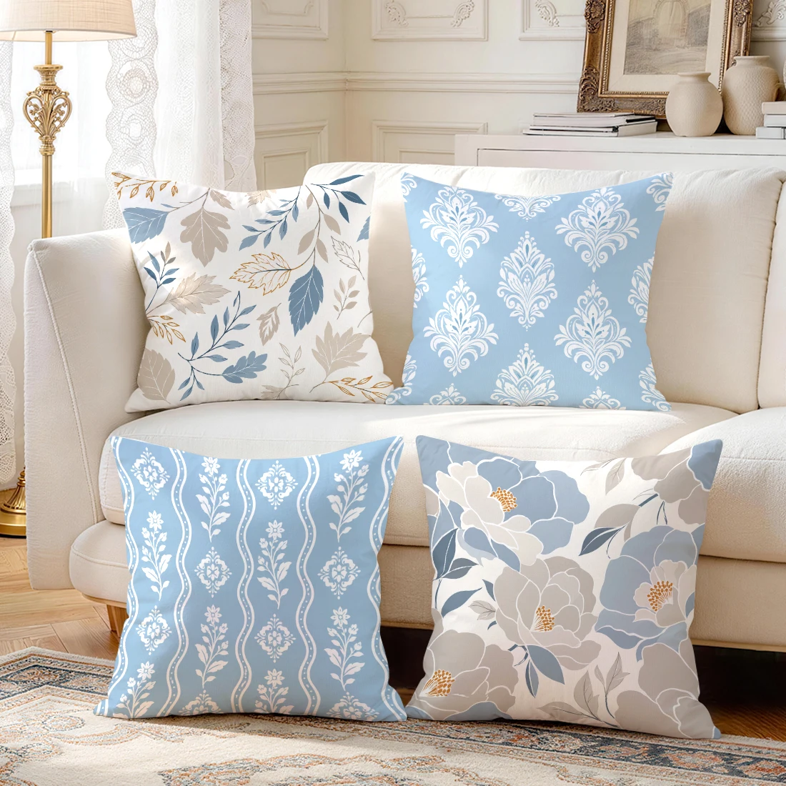 1/4pcs Blue White Flower Leaf Cushions Pillowcase Polyester Cushion Cover Throw Pillow Pillowcover Home Car Sofa Decor - view 5