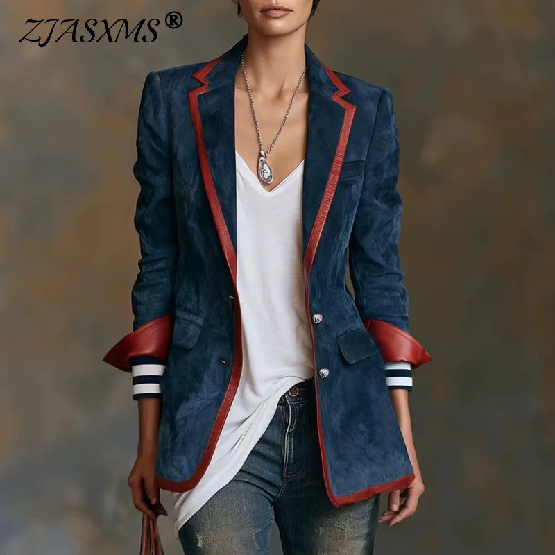 Women Suede Blazer Lapel Contrast Trim Long Sleeve Button Slim Fit Striped Cuff Casual Suit Jacket Vintage Streetwear Outerwears