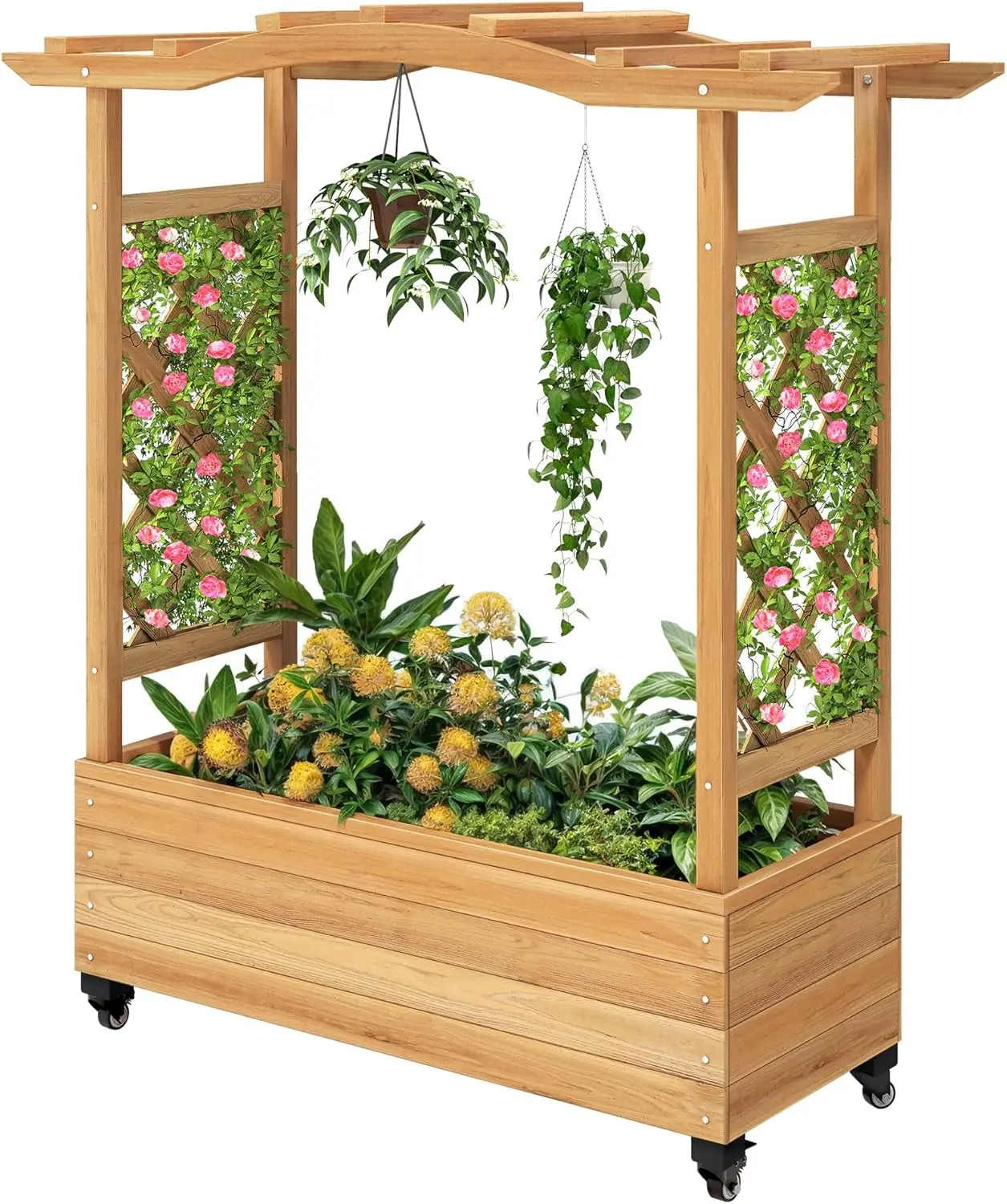 Raised Garden Bed with Trellis Movable, Weather Resistant Solid Wood Planter Box with Wheels for Climbing Plants,Elevated Garden
