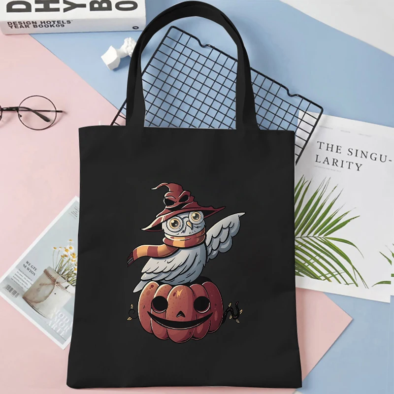 Canvas Tote Bag for Women Black Cat Society Print Handbag Teen Casual Basic Pumpkin Halloween Gift Tote Bag Female Shoulder Bag