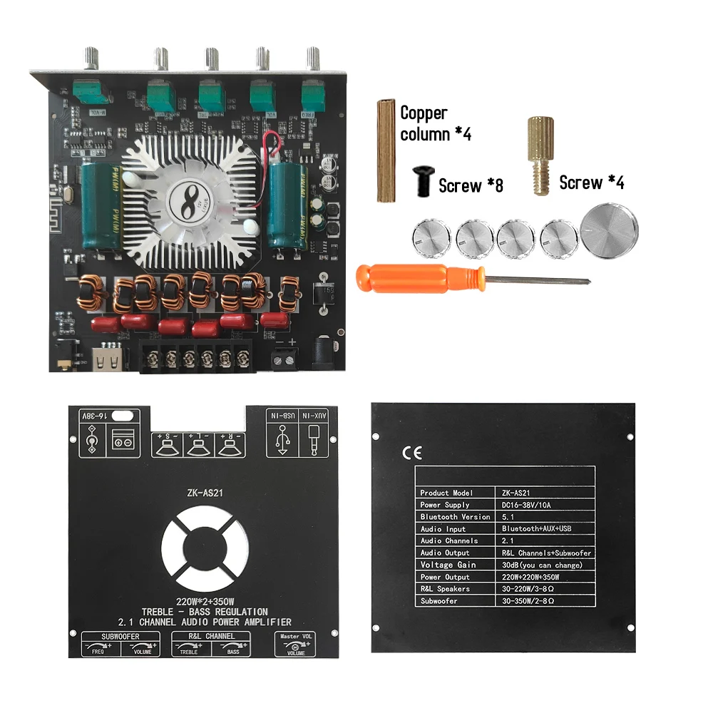 

220WX2+350W 2.1 Channel TPA3255 Bluetooth 5.1 Digital Power Amplifier Board Module Subwoofer with AUX/Bluetooth/USB ZK-AS21