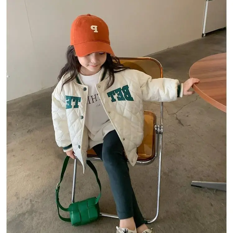 Girls' Baseball Jacket Coat Autumn and Winter Thickening Cotton-Padded Coat 2022 New Children's Loose Letter Cotton-Padded Coat