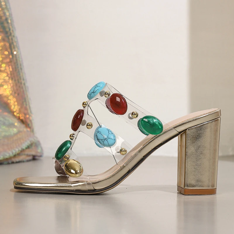 

Liyke Street Women Sexy Thick Heels Transparent Slippers Bohemian Fashion Color Gem Designer Sandal Female Party Dress Shoes