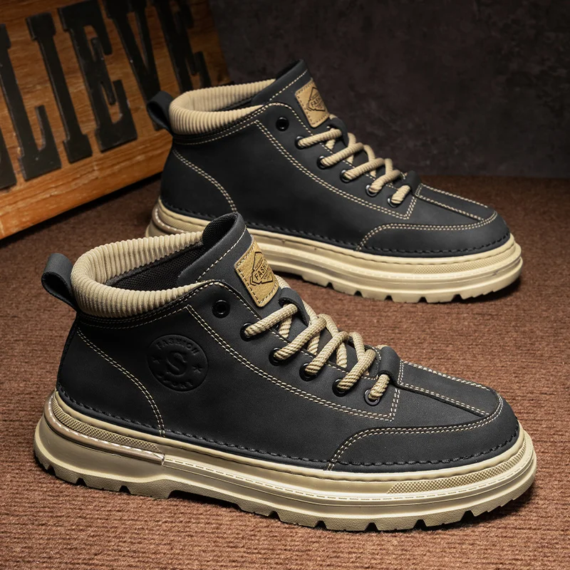 

Big Yellow Boots High-Top Boots: Autumn Men's Genuine Leather Shoes, 2024 New Inner Height-Increasing Stylish Thickened Sole Wor