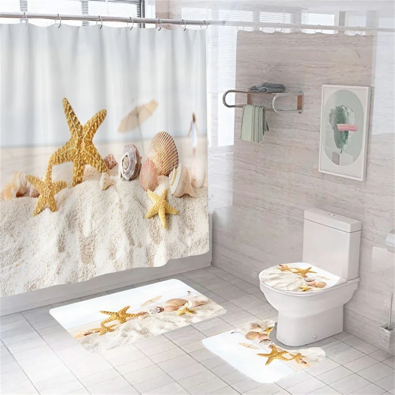 Print Shell Starfish Shower Curtains Ocean Beach New Bath Mat Set Waterproof Bath Curtain Polyester Anti-slip Carpet Toilet Rugs