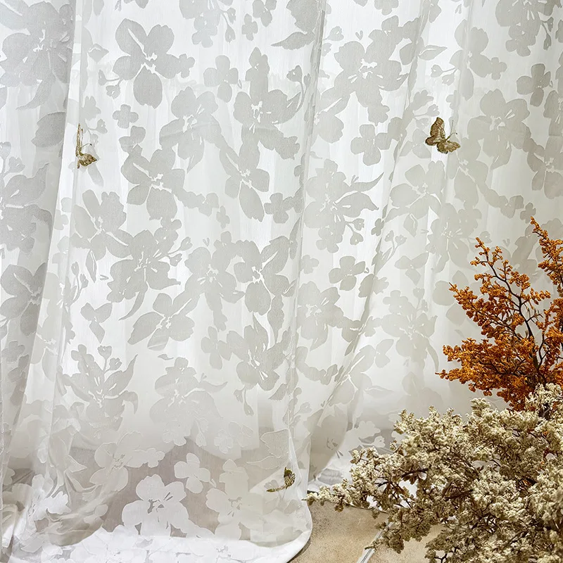 Custom Size French Romantic Atmosphere Light Luxury Gold Embroidered Butterfly Gauze Curtain for Living Dining Room Bedroom Door