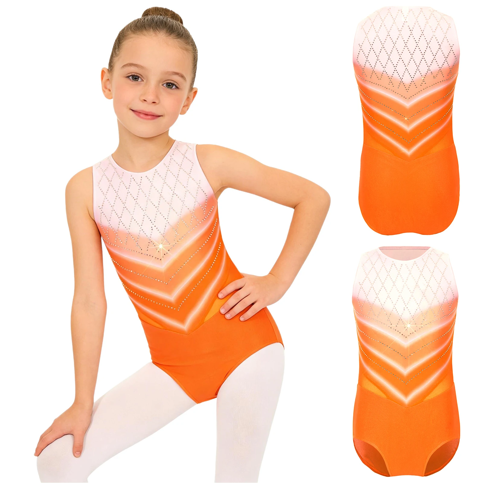 

Kids Girls Shiny Rhinestones Gymnastics Leotard Sleeveless Gradient Color Ballet Dance Unitards Yoga Skating Acrobatics Bodysuit