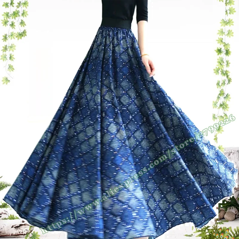 Satin Chiffon Blue Plaid Big hem FULL CIRCLE women's long skirt Summer elegant butterfly pattern chiffon Woman Maxi skirts