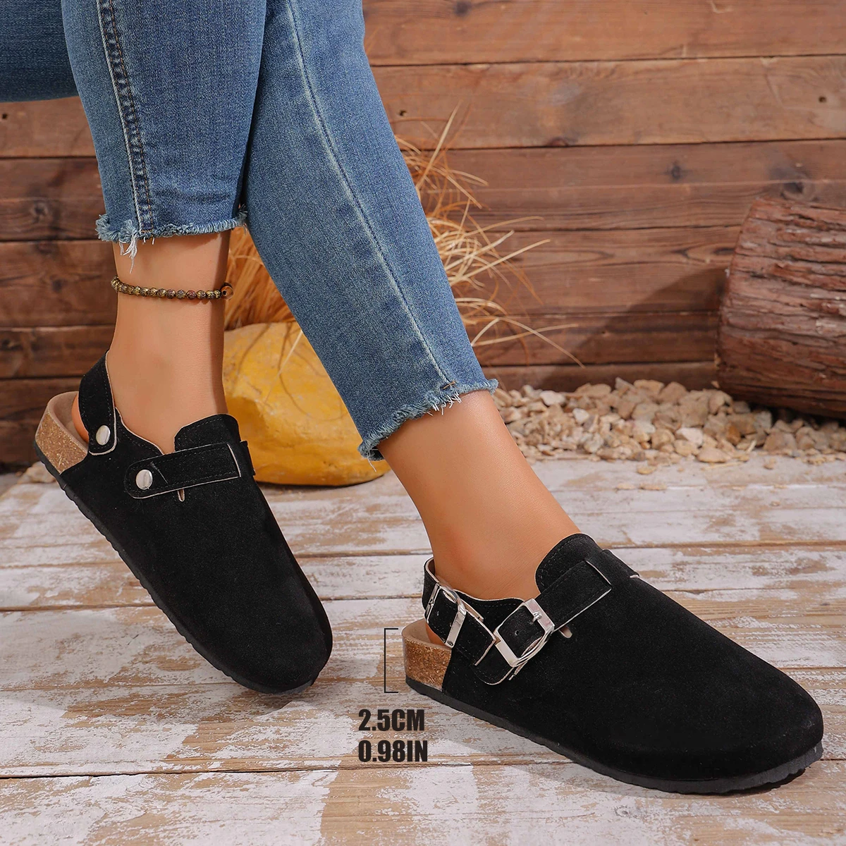 

Unisex Retro Suede Cork-Soled Shoes Large Size Women's Mules Buckle Strap Slingback Sandals Round-toe Low Heels Slides Shoes