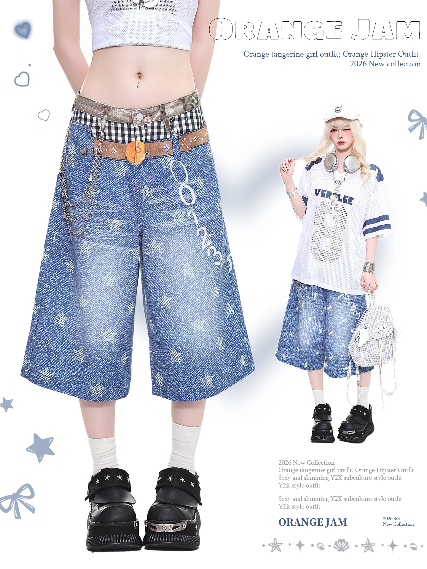 

High Waist Wide Leg Jeans Women's Summer Orange Marmalade Vintage Star Print Seven-Foot Pants Versatile Loose Fit Shorts