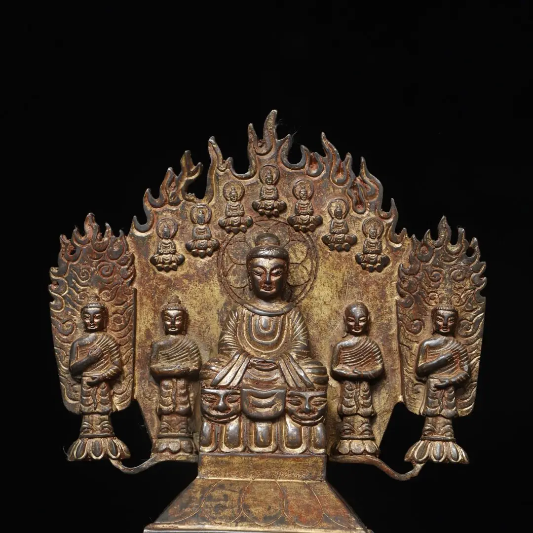 Aged Brass Northern Wei Shakyamuni Buddha Statue Home Temple Desktop Antique Decor