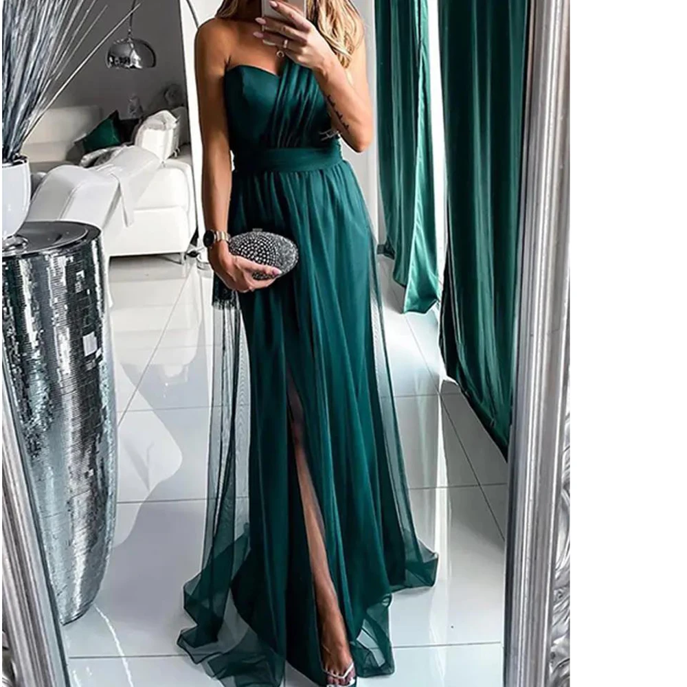 Sexy Women Green Satin Patchwork One Shoulder Prom Dresses Fashion Sleeveless Evening Dresses Backless High Split Vestidos Robes