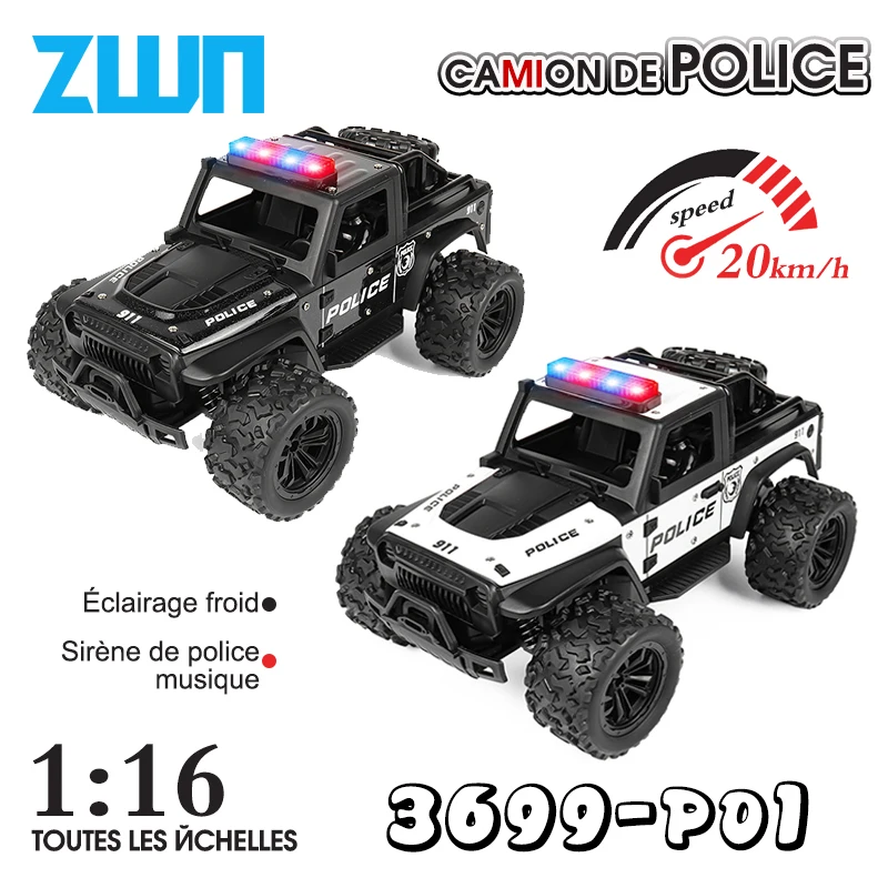 ZWN 1:16 alliage haute vitesse tout-terrain camion de Police voiture RC avec son de musique et lumières LED jouet extérieur 2.4G voitures télécommandées