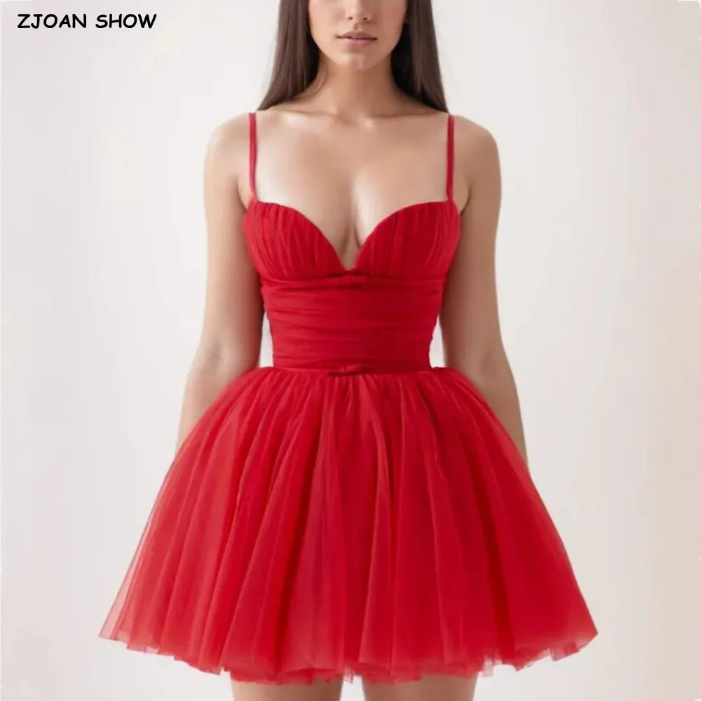 2025 Principessa Donna Increspato Petto basso Maglia rossa Corsetto stile Mini Abito a fionda Pieghettato Vita sottile Abito da ballo Abiti da torta Abito da festa