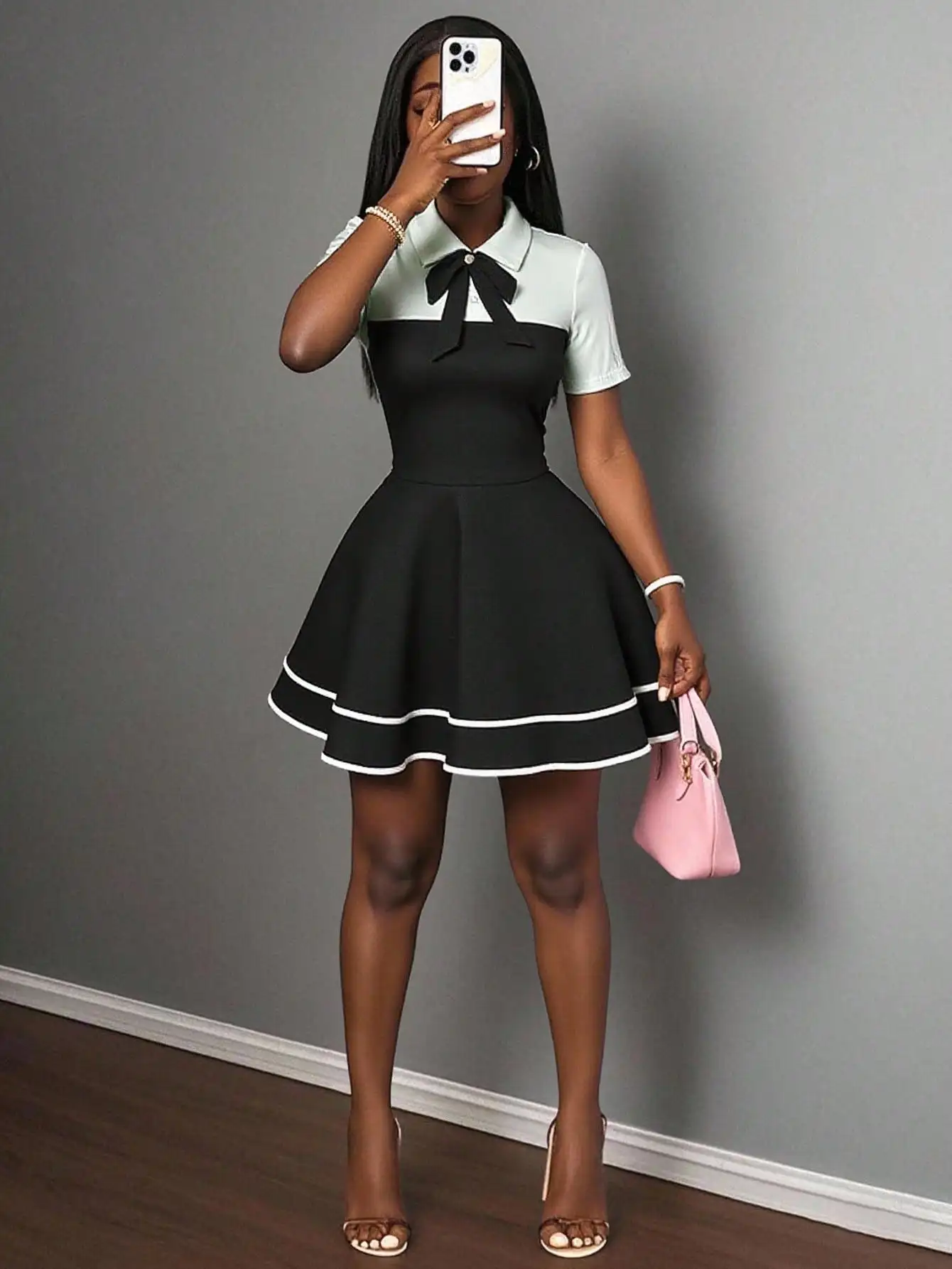 

Black and Mint Polo Collar Bowknot A-Line Mini Dress with Ruffle Hem