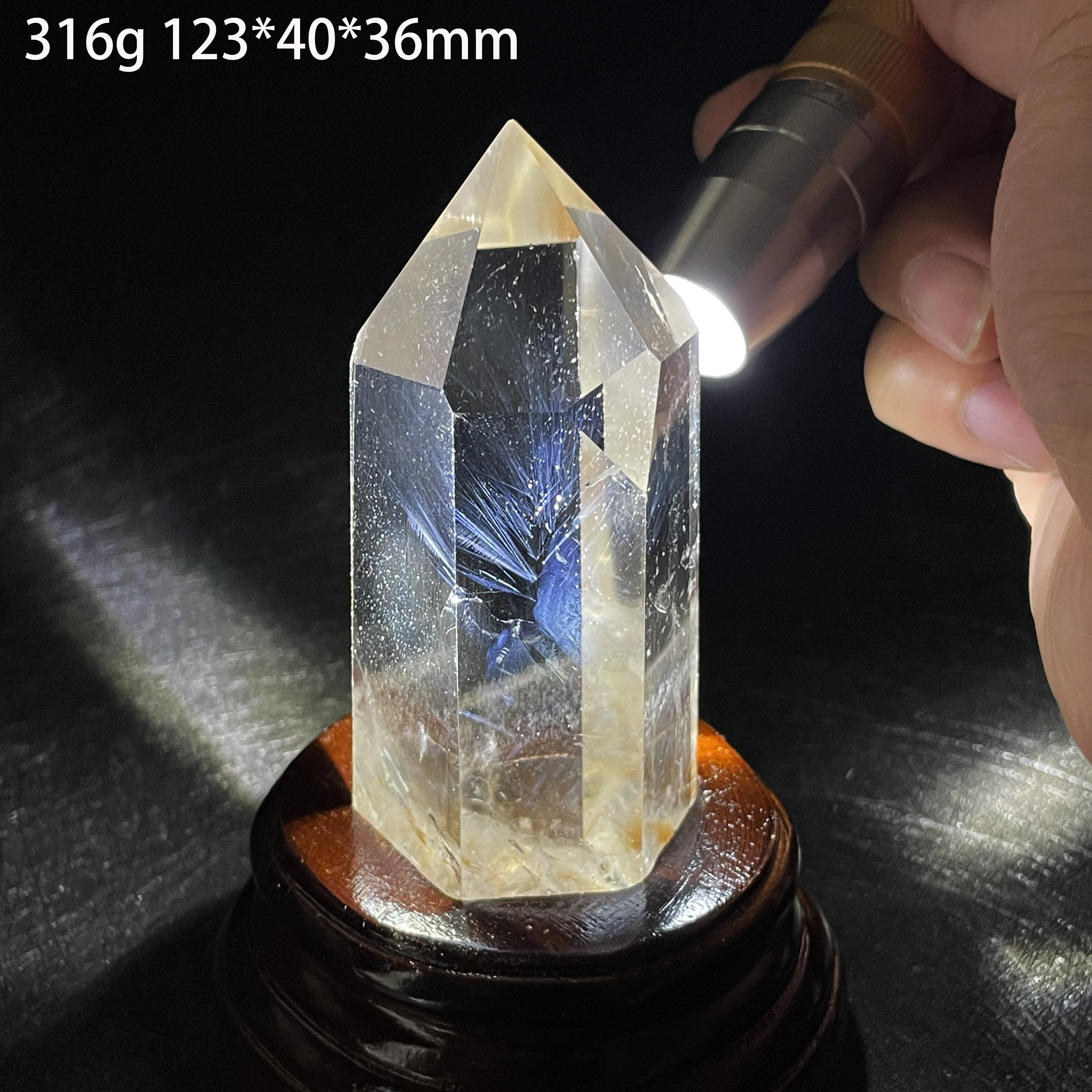 Natural Blue Feather Clear Quartz Crystal Tower Home Decor Rock Wand Point Polished Obelisk Healing Gift