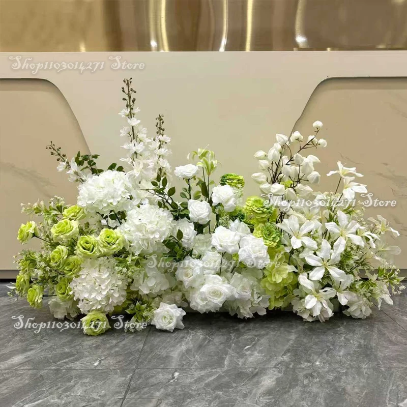 Hortensia blanca y rosa de seda de hoja verde, fila de flores para suelo, mesa de boda, partición de Plaza comercial Floral, decoración de diseño de escena de Hotel