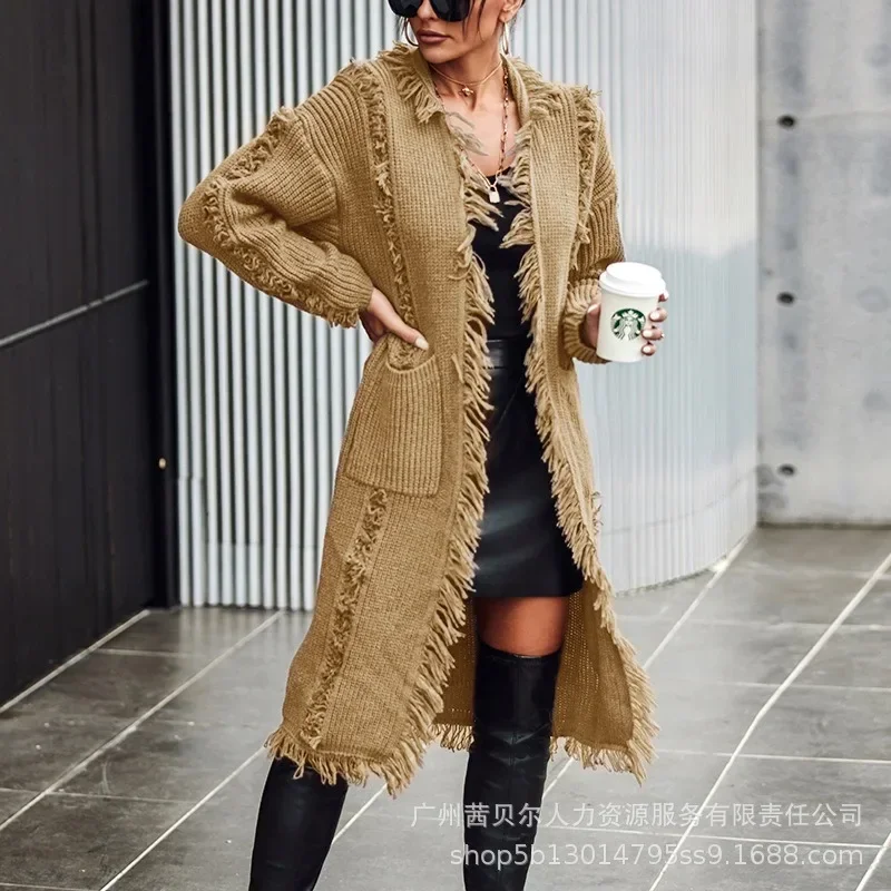 2024 Autumn Winter New Women\'s Lapel Tassel Long Knitted Coat Casual Fashion Top Coat