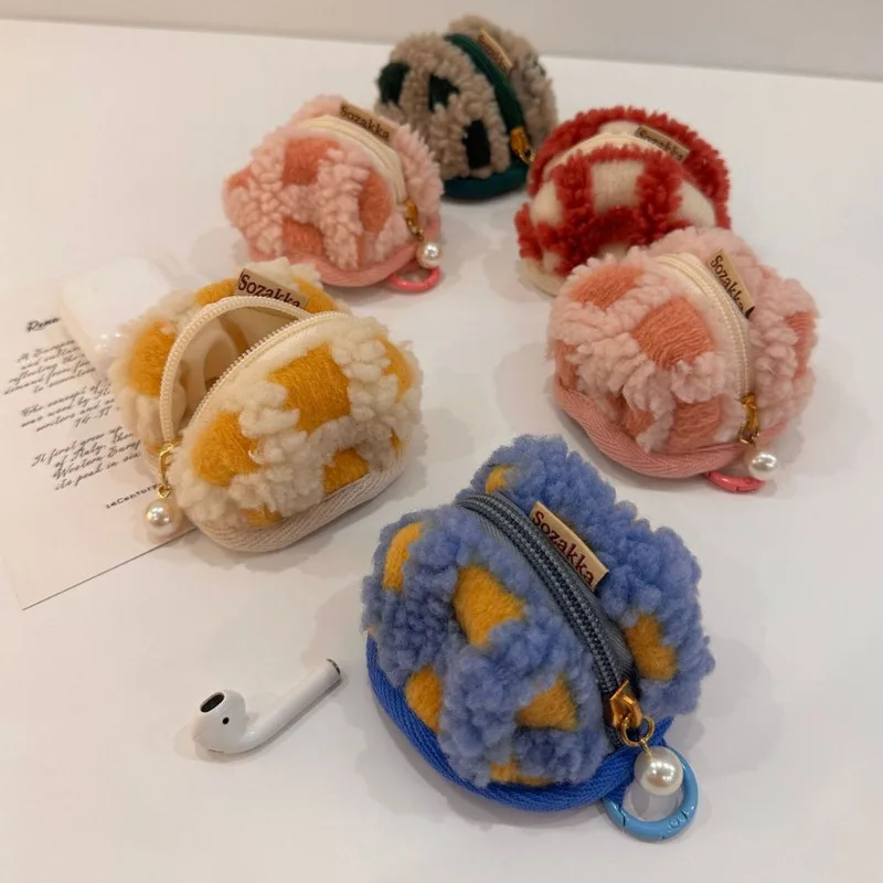 Color Waffle Velvet Cute Small Stereoscopic Earphone Protection Soft Case  Plush Vintage Mini Plush Headset Storage Bag Coin Bag