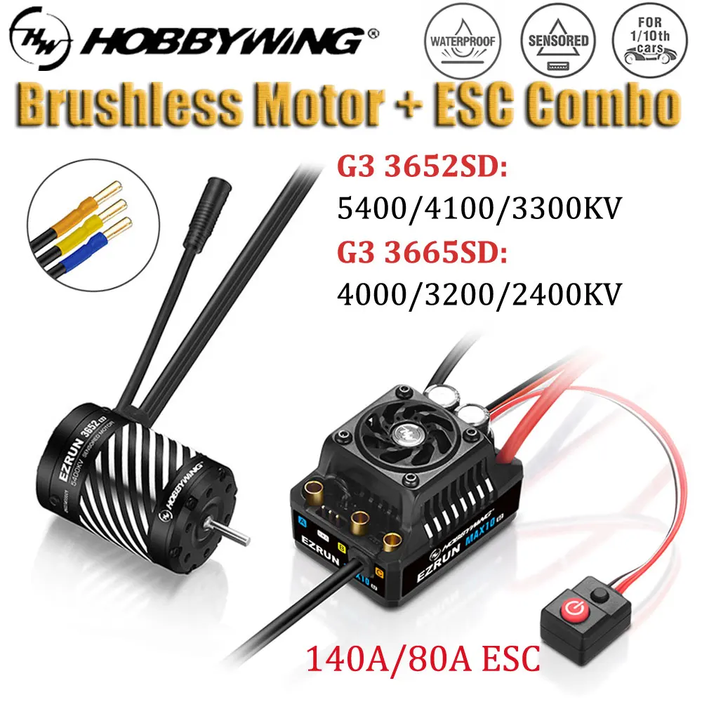 HOBBYWING EZRUN MAX10 G2 Sensored Brushless ESC Motor Combo 80A/140A 3652/3665 For 1/10 RC On-Road Off-Road Buggy Truck Cars
