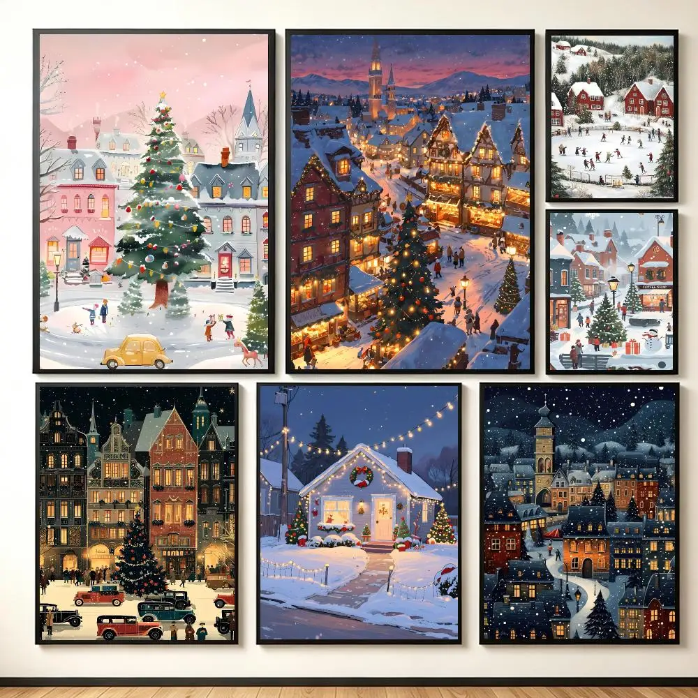Art Concept C-Christmas Tree In Winter Town Poster Lightweight Self‑Adhesive PP Wall Decal for Living Room Bedroom Decor Gift