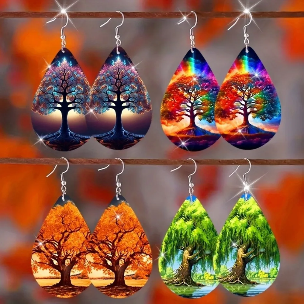 2D Flat Bohemian Style Tree Printed Wooden Water Drop Earrings Fashion Green Natural Dangle Hook Earring Jewelry Gifts for Women