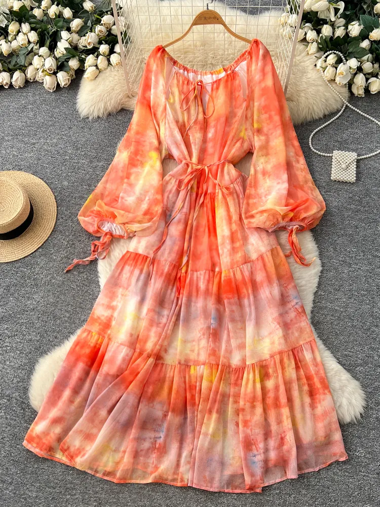 

Новое весеннее женское платье 2026 года с круглым вырезом, рукавами-фонариками, оборками, пэчворком, завышенной талией, на завязках, с принтом тай-дай, А-силуэт, длинное