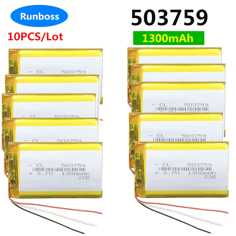 

10PCS 3.7V 1300mAh 4.44Wh 3 Wire Thermistor Polymer Li Lipo Battery 503759 For GPS Mp5 Camera Bluetooth Speaker Phone Tablet PC