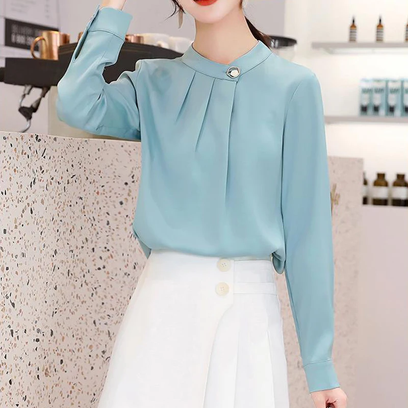 Ruffled Elegant Chic Stand Collar Office Lady Shirt New Korean Fashion Solid Long Sleeve Business Casual Top Blouse Women Blusas