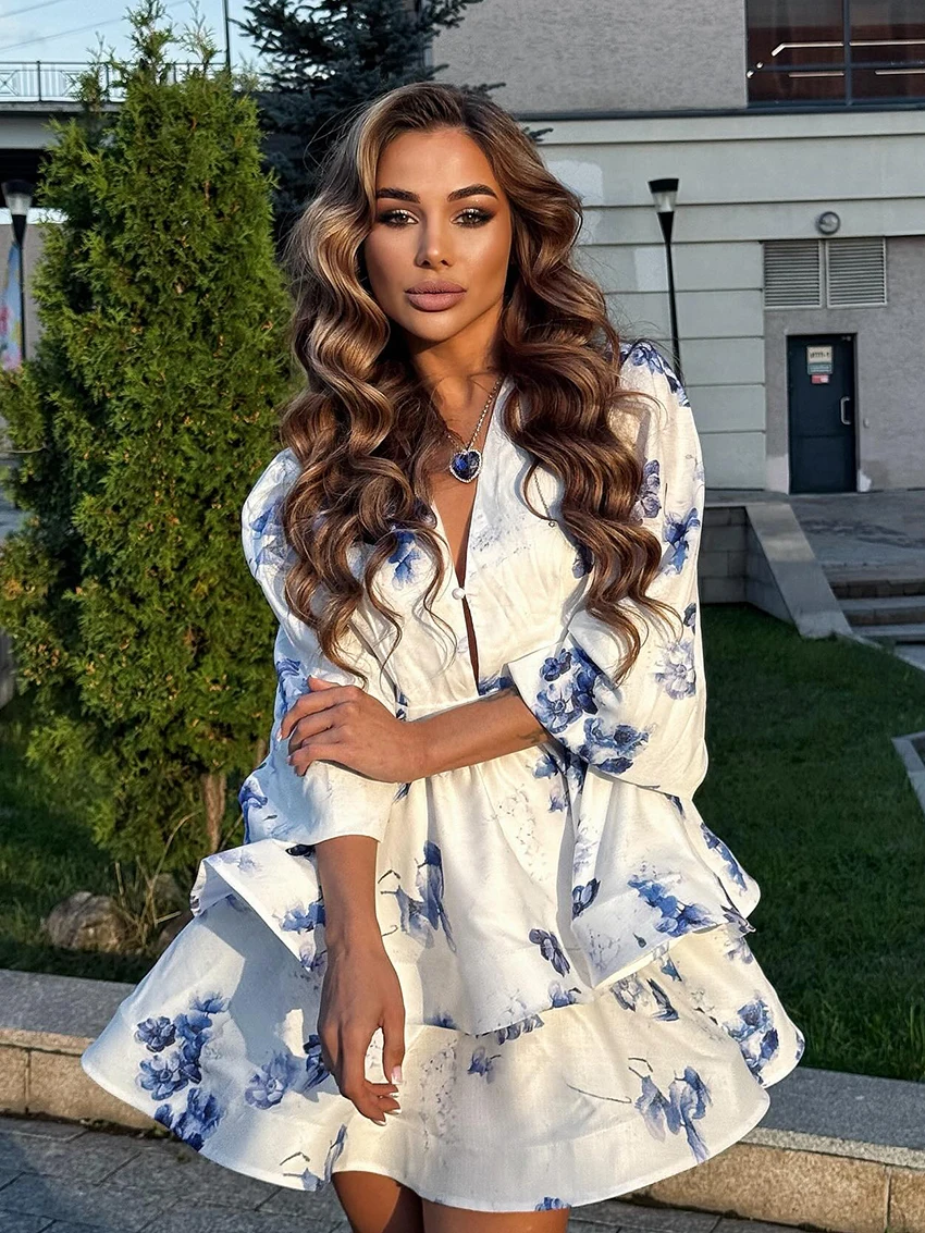 

Marthaqiqi Fashion Ladies Nightwear Sexy V-Neck Sleepwear Long Sleeve Nightgown Printing Mini Dress Winter Female Pajama Comfort