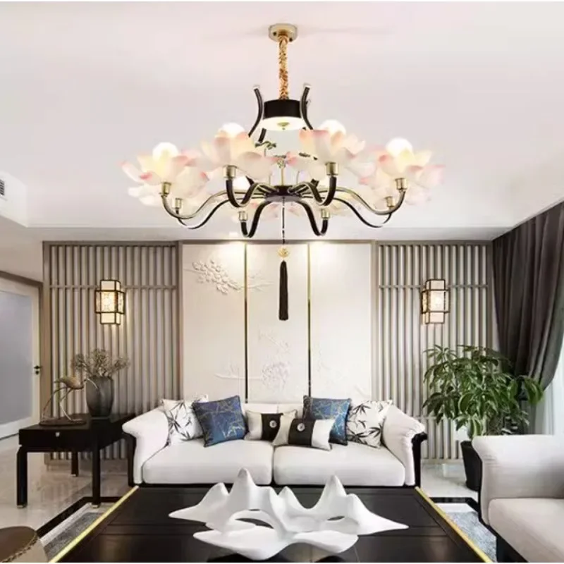 Chandelier New Chinese style living room dining room Antique Chinese style Zen tea room Lotus Buddhist temple