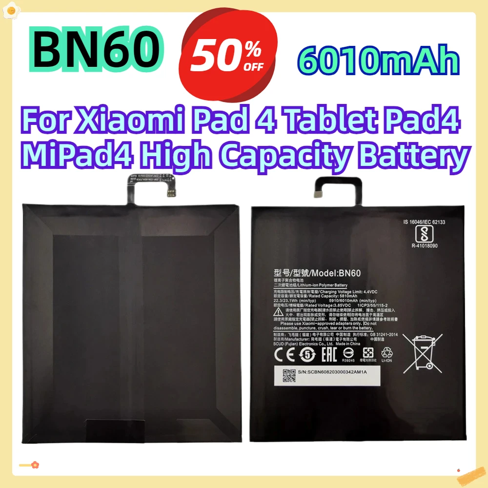 For Xiaomi Pad 4 Tablet Pad4 MiPad4 6010mAh High Capacity Battery Bateria  BN60 Battery