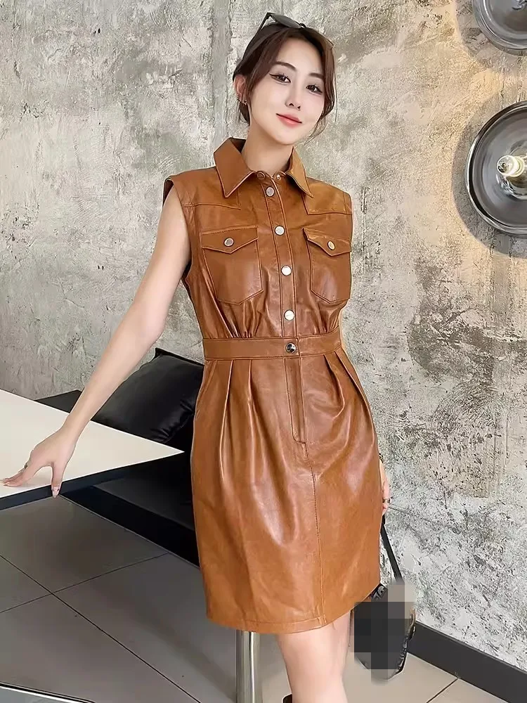 Spring Office Laides Elegant Genuine Leather Dress Mid Length Sheepskin Dresses Sleeveless Turn-Down Collar Women Tank Dress