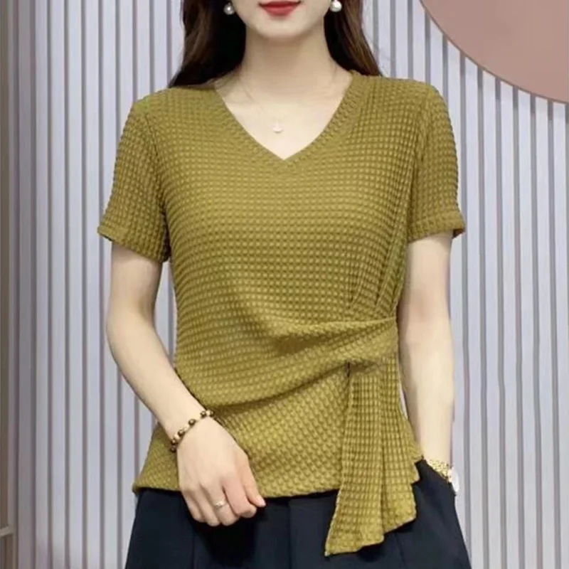 Fashion Solid Color Loose Folds Asymmetrical Blouse Women\'s Clothing 2023 Summer New Oversized Casual Pullovers Irregular Shirt