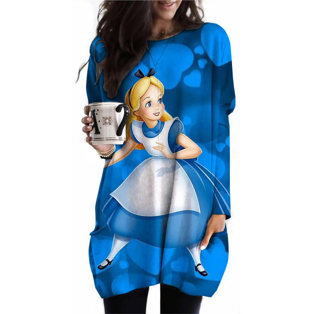 2024 New Women\'s Round Neck Long Sleeve T-shirt Disney Princess Printed Long Sleeve Pocket T-shirt Women\'s Casual Street Clothin