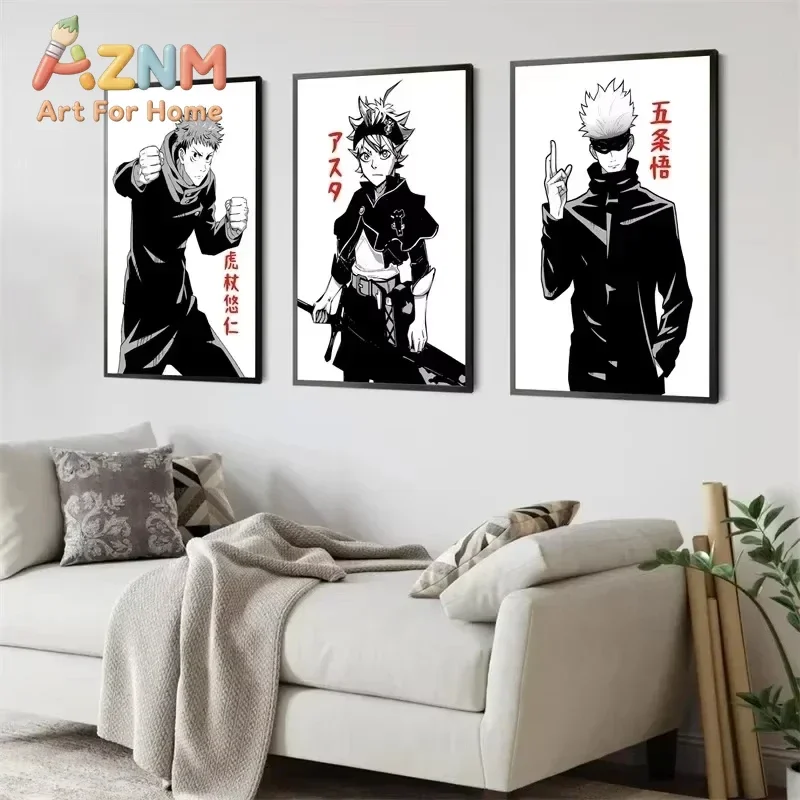 AZNM Demon Slayer Black White Manga Style Anime Canvas Wall Art Frameless Print Poster for Bedroom Living Room Home Wall Decor