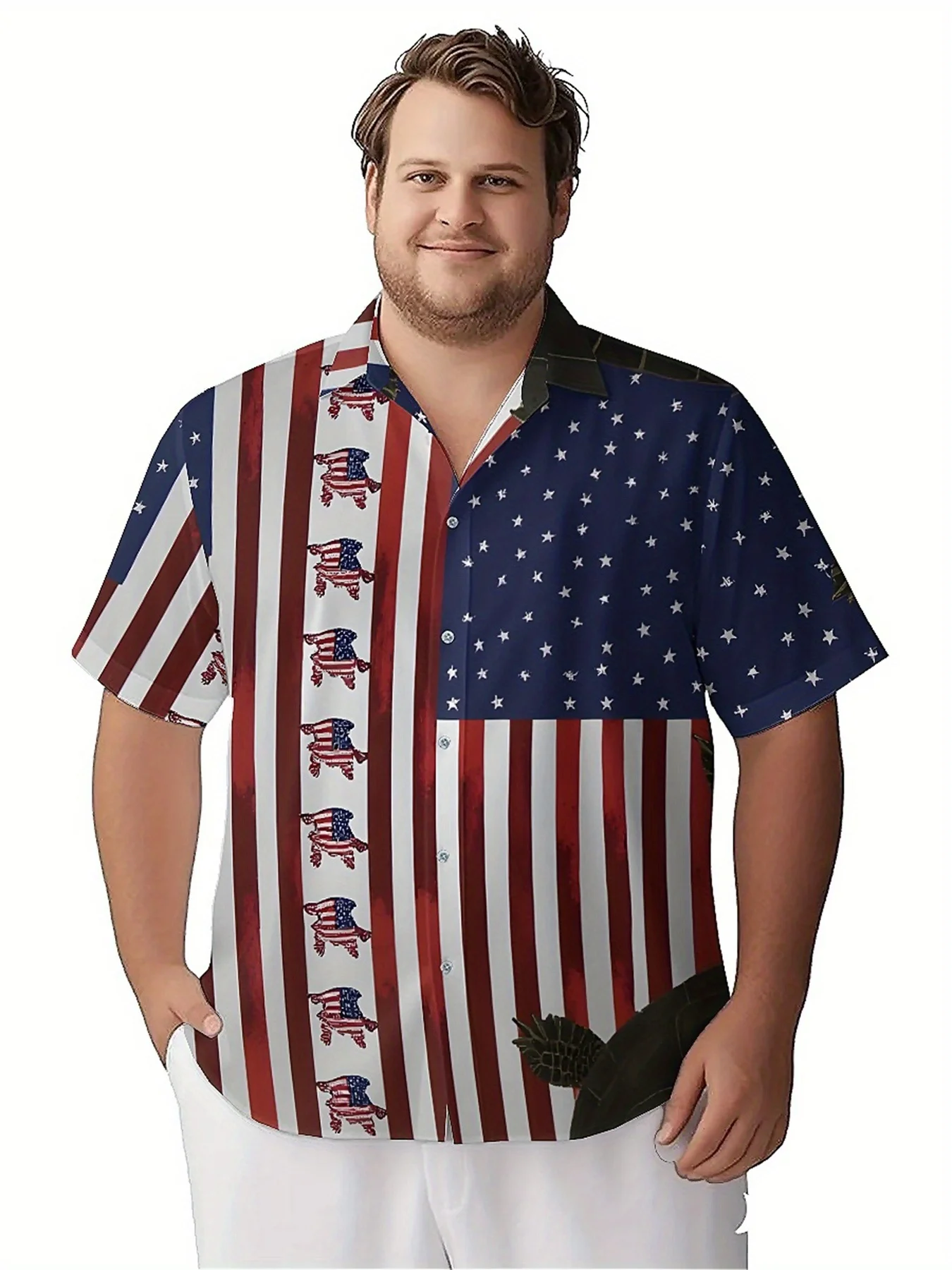 Men's Plus Size Hawaiian Shirts Turtle and Stars and Stripes Pattern,Unisex Baggy Aloha Shirts,Alternative Clothing
