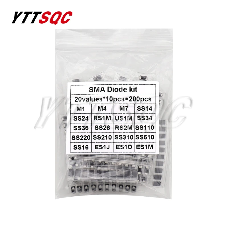 200pcs/lot SMD Diode Assorted Kit M1 M4 M7 SS14 SS24 SS34 SS210 SS510 RS1M US1M ES1M 20ValuesX10pcs Electronics SMA Diodes Set